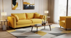 Yellow couch with patterned rug adding depth and visual interest