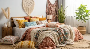 Mixed patterns creating a layered boho bedroom look