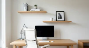 Floating shelves adding storage above desk in a small room