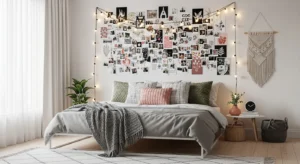 Wall collage adding a trendy and personal touch to a teen bedroom
