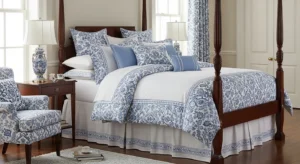 Blue and white patterns adding visual interest to a bedroom