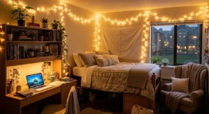 String lights creating a cozy and relaxing dorm room atmosphere