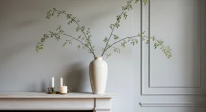 Tall vase with branches on fireplace mantle
