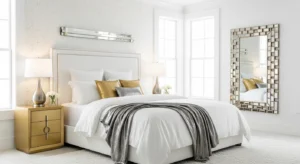 White bedroom with metallic accents adding a luxurious touch