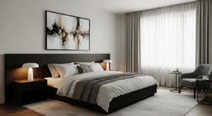 Dark headboard acting as a focal point in a bedroom