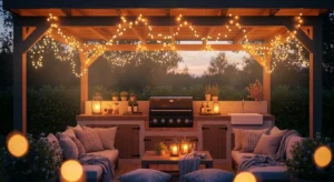 Outdoor kitchen with string lights creating a cozy vibe