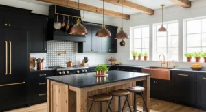 Mixed metal accents adding depth to a farmhouse kitchen