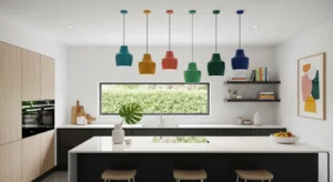 Colorful pendant lights adding personality to a kitchen