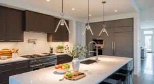 Statement lighting defining an open kitchen space