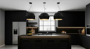 Statement lighting enhancing a black kitchen
