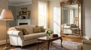 Statement mirror in living room corner