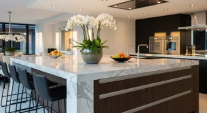 Marble top kitchen island adding luxury