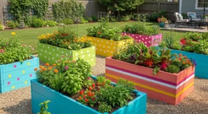 Painted raised garden beds with vibrant colors