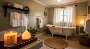 Scented candle creating a welcoming bathroom atmosphere