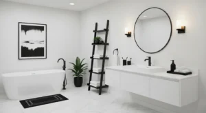 Black accessories adding contrast to white bathroom