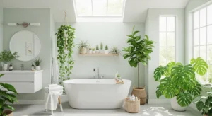 Plants adding freshness to bathroom
