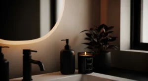 Warm lighting creating a cozy dark bathroom
