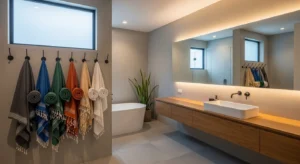 Hooks saving space in small bathroom