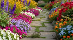 Flowers along pathways creating a storybook feel