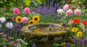 Bird bath surrounded by flowers