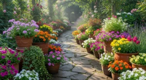 Pots along pathway creating flow