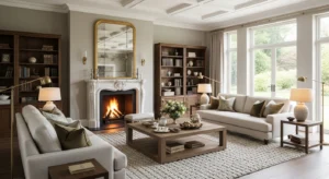 Open layout highlighting fireplace