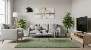 Green rug anchoring living room