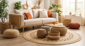 Beige sofa styled with natural materials for an organic look