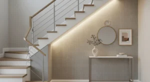 Under stairs accent wall adding texture and visual interest