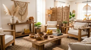 Natural wood accents in boho living room