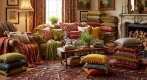 Layered textiles in vintage living room creating warmth and comfort