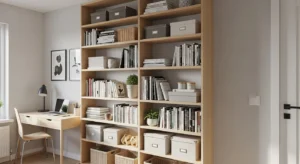 Vertical storage solution in small living room bedroom combo