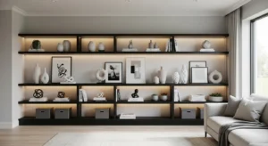 Black built-in shelving adding style and storage to living room