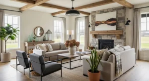 Modern and rustic mix creating stylish farmhouse living room