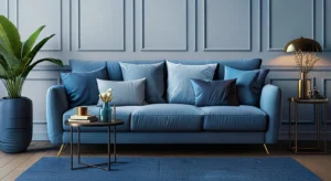 Layered blue tones creating cohesive living room design