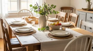 Linen textiles adding softness to farmhouse dining table