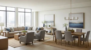 Balanced furniture sizes creating harmony in open living dining space