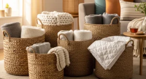 Woven baskets adding storage and texture to fall decor