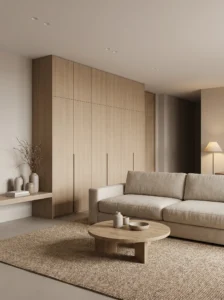 Japandi living room with hidden storage and clean minimal design