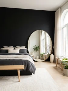 Black accent wall bedroom with mirror to enhance light and space
