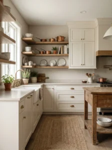 Kitchen combining cabinets with open shelving for a modern airy look