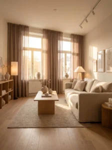 Living room with soft brown curtains filtering warm sunlight creating a cozy and airy atmosphere