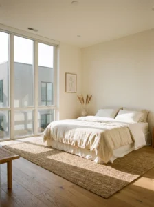 Neutral bedroom using natural light to create a bright and calming space