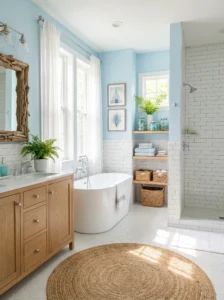 Sky blue bathroom with bright and fresh coastal-inspired design