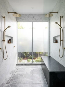 Dual showerhead system in a spacious luxury bathroom shower