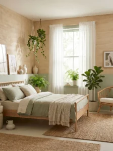 Sandstone and pale green bedroom with fresh natural vibe