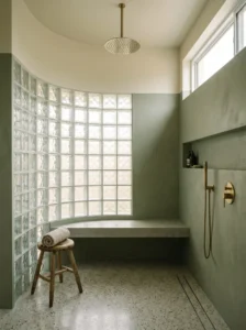 Glass block shower wall providing privacy and natural light