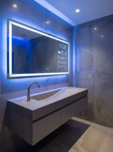 Smart bathroom mirror with LED and touchless faucet modern design