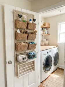 Over-the-door storage organizer in small laundry room