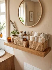 Bathroom floating shelves with baskets for hidden storage and organization